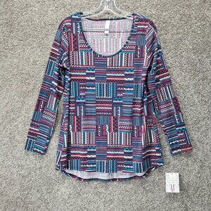 LulaRoe Women's Long Sleeve Shirt Round Neck Geometric Print Red Blue Medium